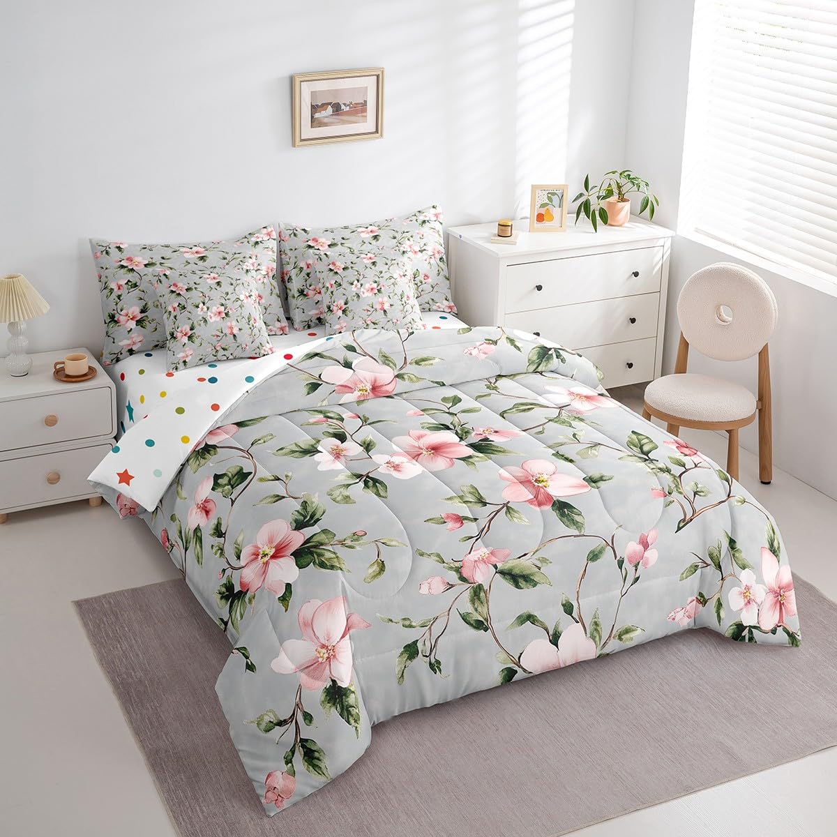 Erosebridal Hibiscus Comforter Set 7 Piece Bed in a Bag Twin,Garden Floral Tropical Plant Bedding Sets Botanical Shrubalthea Sheet Set with Comforter,Hibiscus Syriacus Tree Branches Leaf Bed Set