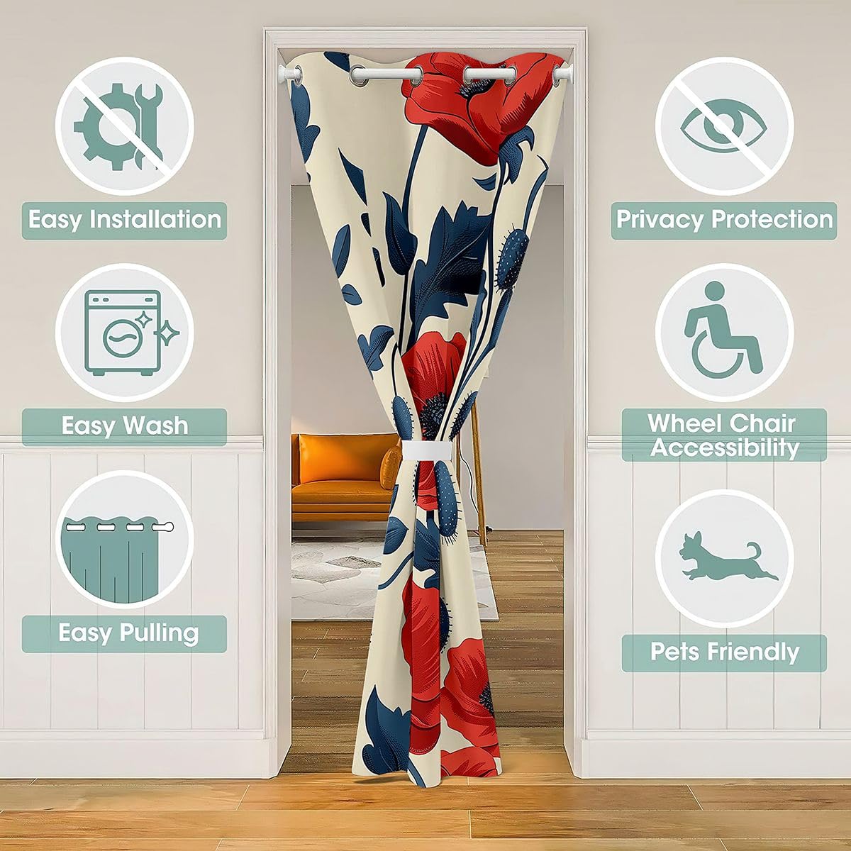 Feelyou Flower Door Curtain for Doorway Privacy Red Floral Closet Cover Botanical Room Divider Curtain 42" x 84" Floral Flower Blossom Printed Bedroom Living Room Spring Garden Window Treatments