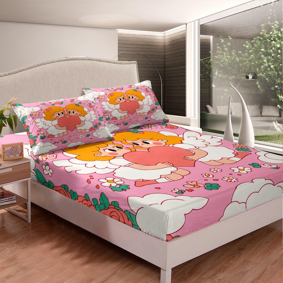 Feelyou Boys Girls Valentine's Day Bed Sheet Set Full Size, Angel Baby Bedding Set Love Heart Fitted Sheet Kids Romantic Teens Bed Cover Bedroom Decor with 2 Pillow Case (No Flat Sheet)