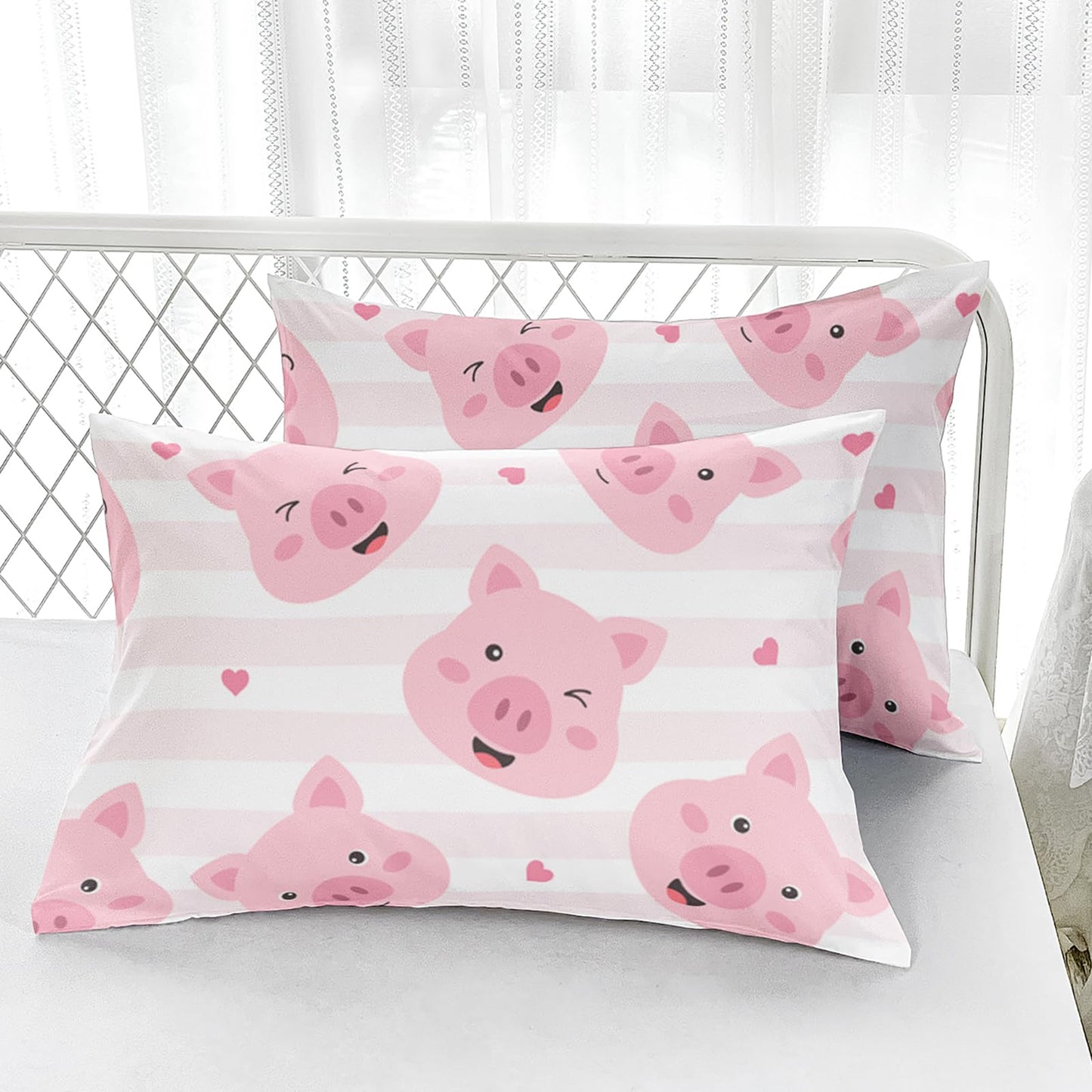 AILONEN Cute Pig Fitted Sheet Set Twin Size,3-Piece Kawaii Pig Bed Sheet Set for Kids Girls,Cartoon Pink White Stripes Print Fitted Sheet with 2 Pillowcases