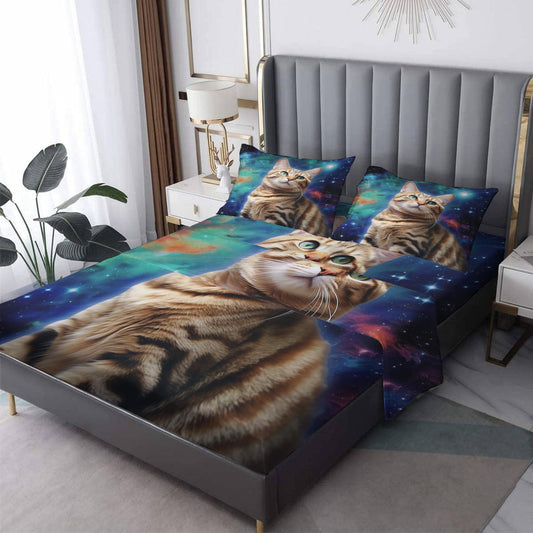 THYUNQ Galaxy Cat Sheets Queen Size Bed, Space Kitten Pattern Sheet Set & Bedroom Decor - 16 Inch Deep Pocket, Super Soft Microfiber Bedding Sheets & Pillowcases 4 Piece