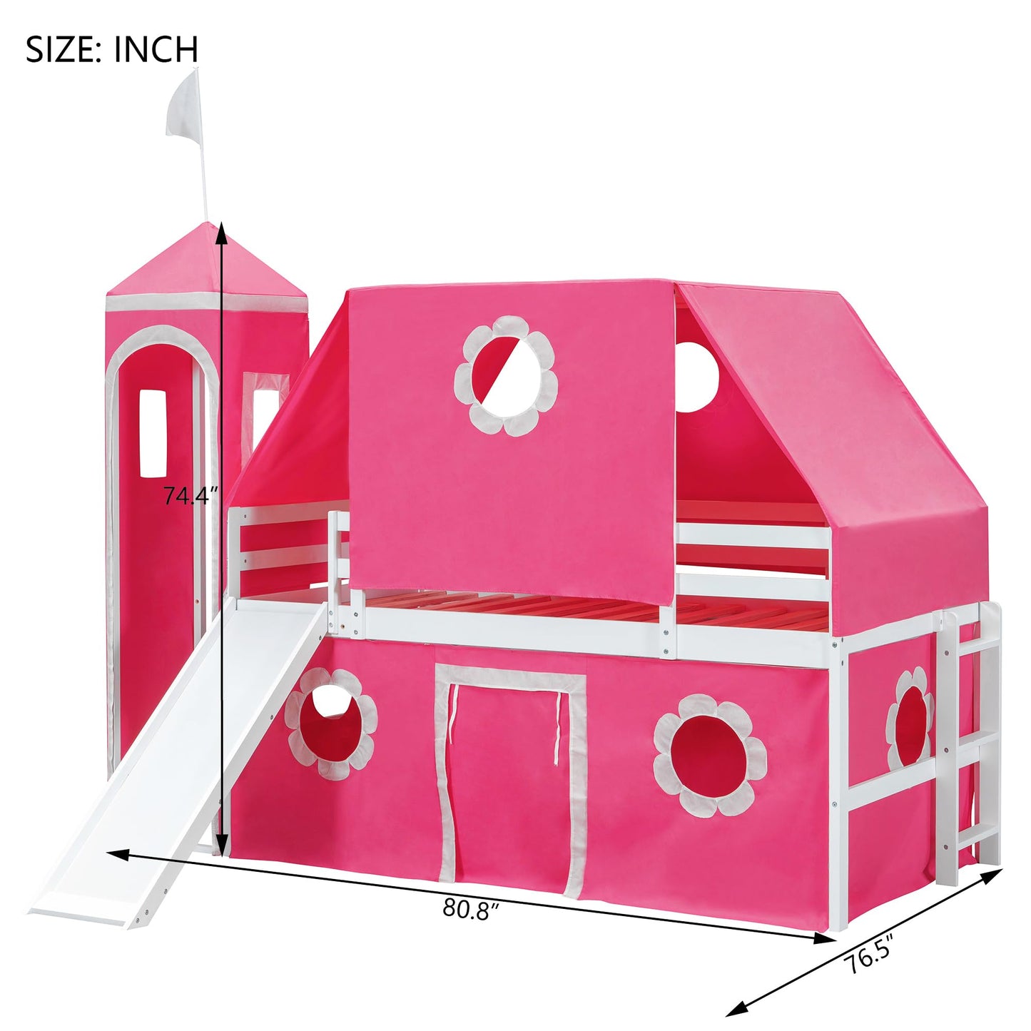 Polibi Castle Loft Bed with Slide & Tent and Tower, Playhouse Design Spacious Under Bed Space with Curtains, Wood Tent Bed Frame for Kids Boys Girls (Pink, Twin)