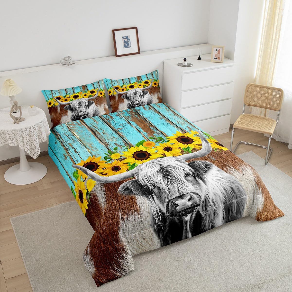 Manfei Cattle Comforter Set Twin Size, Brown White Cow Print Quilt Set with 1 Pillowcase, Yellow Flower Bedding Set 2pcs for Kids Boys Girls Room Decor, Rustic Blue Plank Duvet Insert