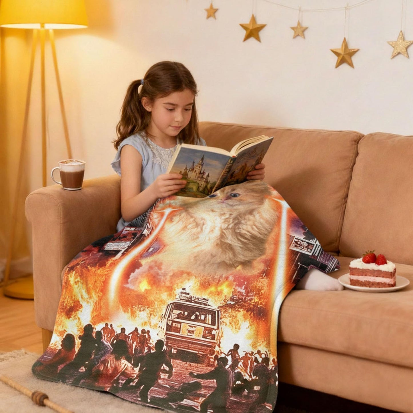 kampdream Funny Cat Flannel Blanket, Catzilla Giant Laser UFO Sci-Fi City Attack Blanket, Super Soft and Warm for Couch Sofa Living Room Unique 50×60 inch