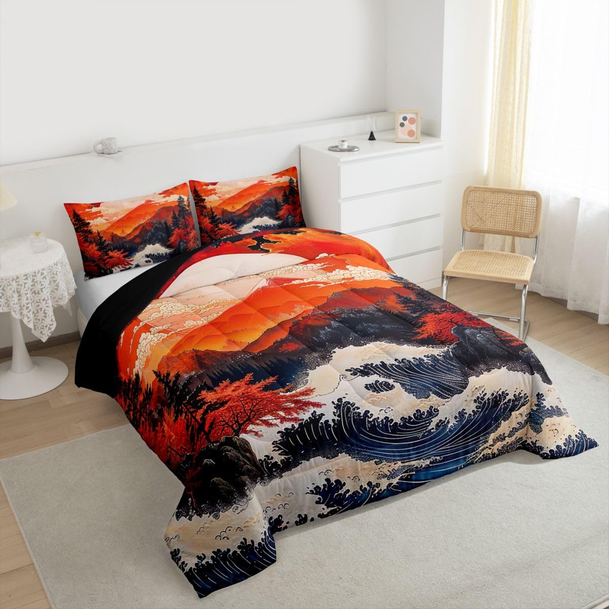 jejeloiu Wave Comforter Set All Season Red Sun Bedding Set with 2 Pillow Cases Japanese Style Microfiber Kids Queen Bedclothes Ocean Wave Bedroom Decor Duvet Quilt Breathable Soft Lightweight