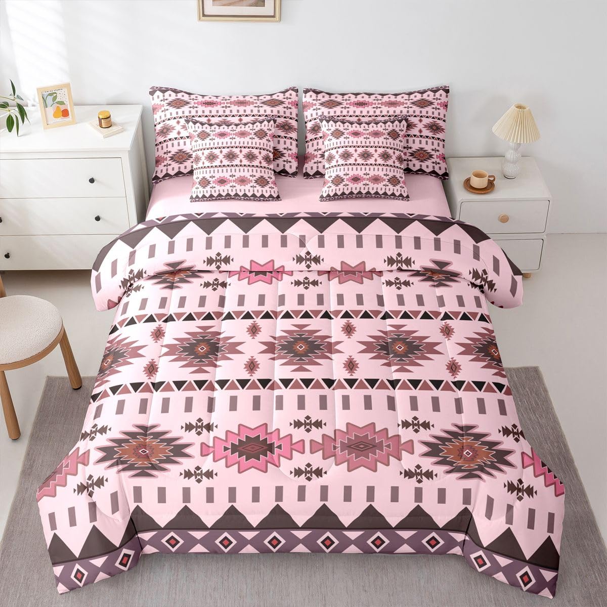 Erosebridal Rustic 7 Piece Bedding Set Queen Aztec Comforter Set with Sheets Tribal Native American Boho Western Bed in a Bag Mysterious Simple Geometric Pink for Teens Men Women