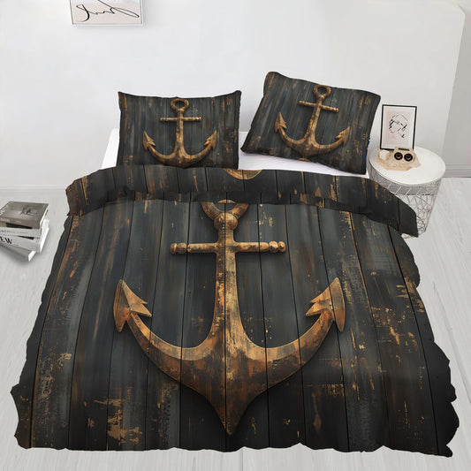 PAISUOQ Navigation Duvet Cover King Size, Vintage Wood Grain Bedding Set, 3 Piece, Soft Microfiber Patterned Comforter Cover with Zipper Ties & 2 Pillowcase, Distressed Anchor Bedroom Decor & Gifts