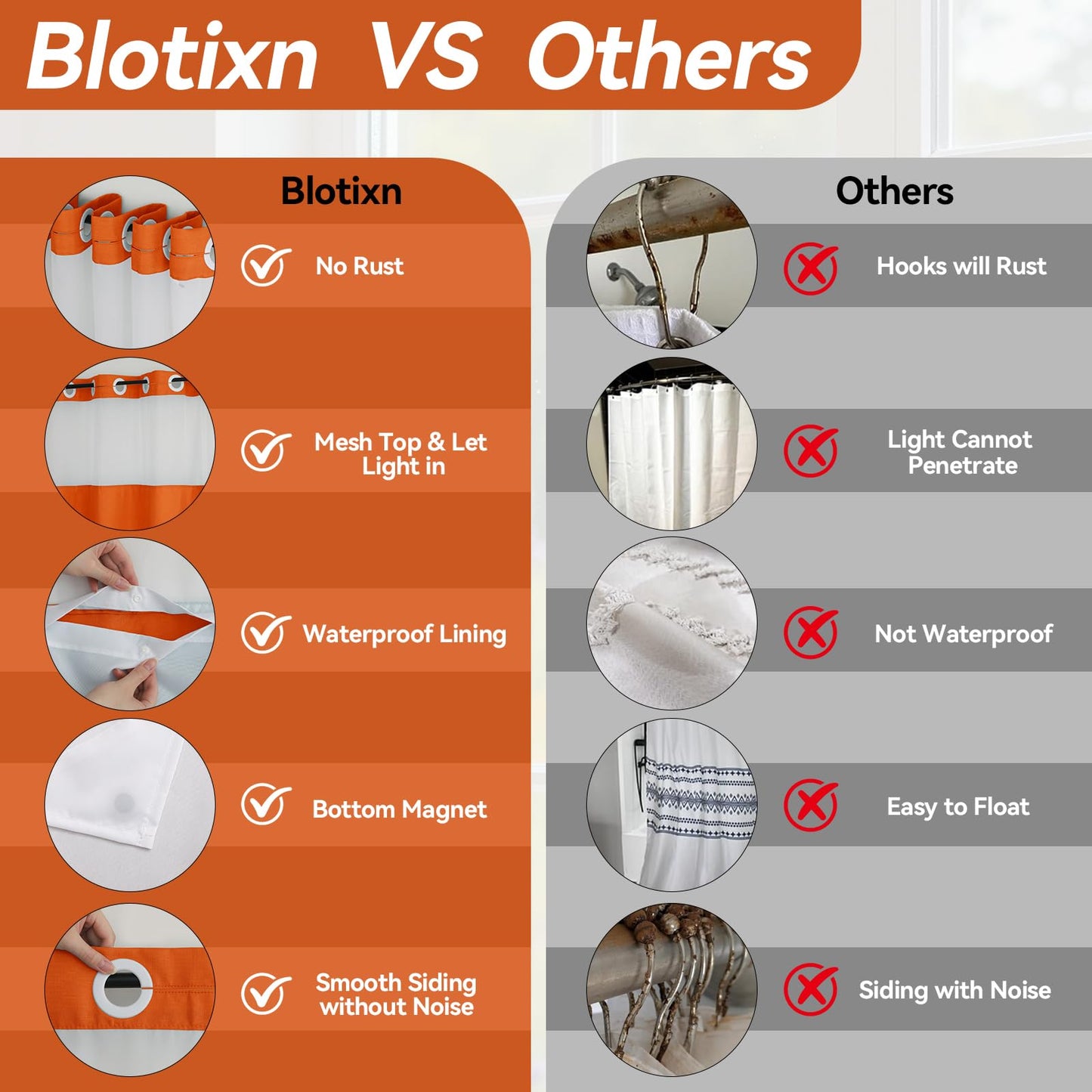 Blotixn Fall No Hook Slub Textured Shower Curtain with Snap in Fabric Liner, Modern Hotel Style with See Through Top Window, Orange Fabric Outer Curtain & Waterproof Inner Liner, 72 * 75 in