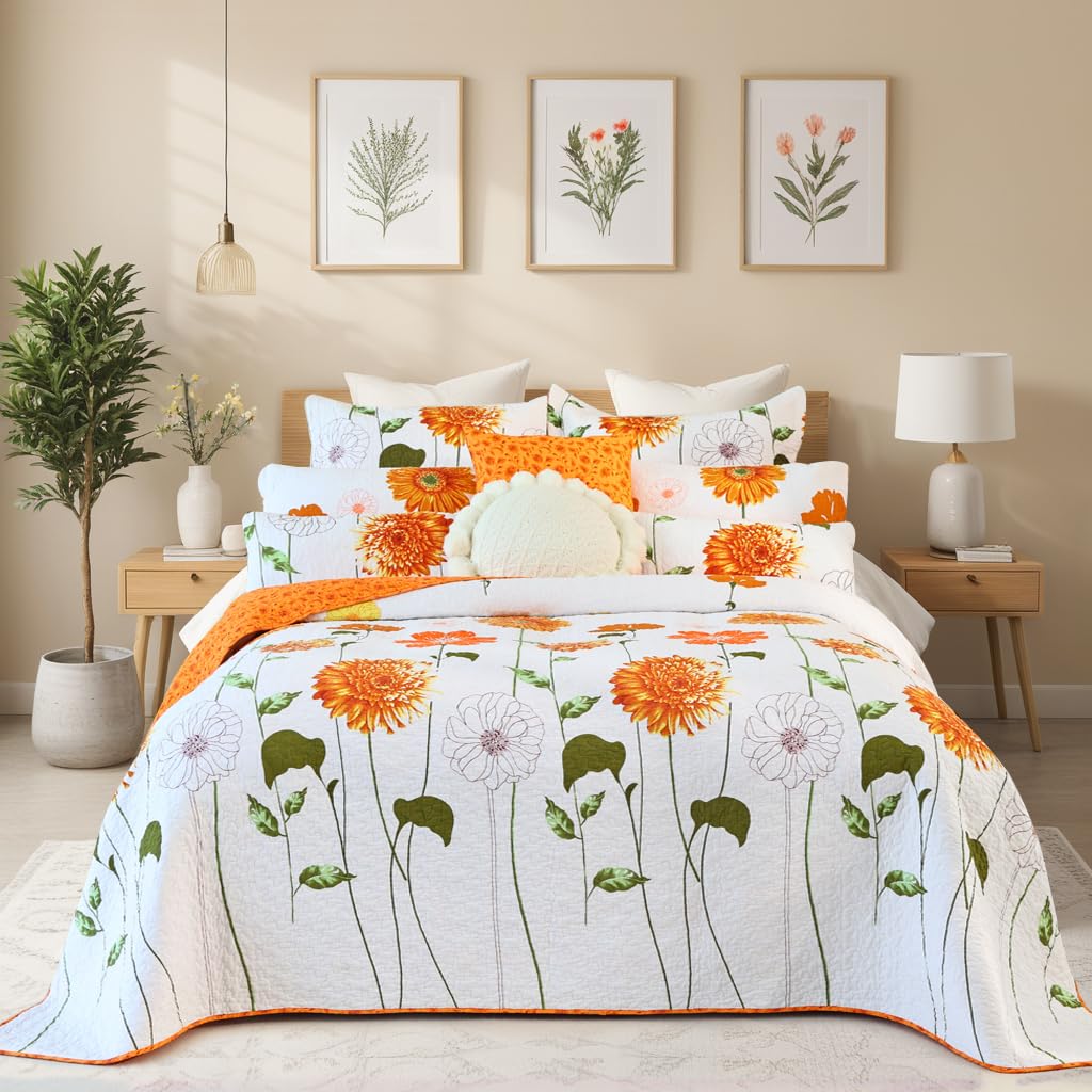 EVENHUG 100% Cotton Quilt Queen Size Orange Sunflower Bedding Set Floral Lightweight Full Quilt Reversible Coverlet Bedspread with 2 Pillow Shams All Seasons 3 Pieces (92"x96")