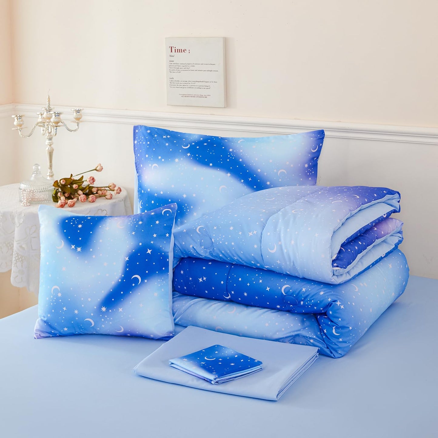 URBONUR Galaxy Blue Comforter Set Queen Size for Boys Girls Ombre Glitter Nebula Kids Teen Bedding Sets Light Blue Soft Lightweight 6Pcs Bed in A Bag Sets