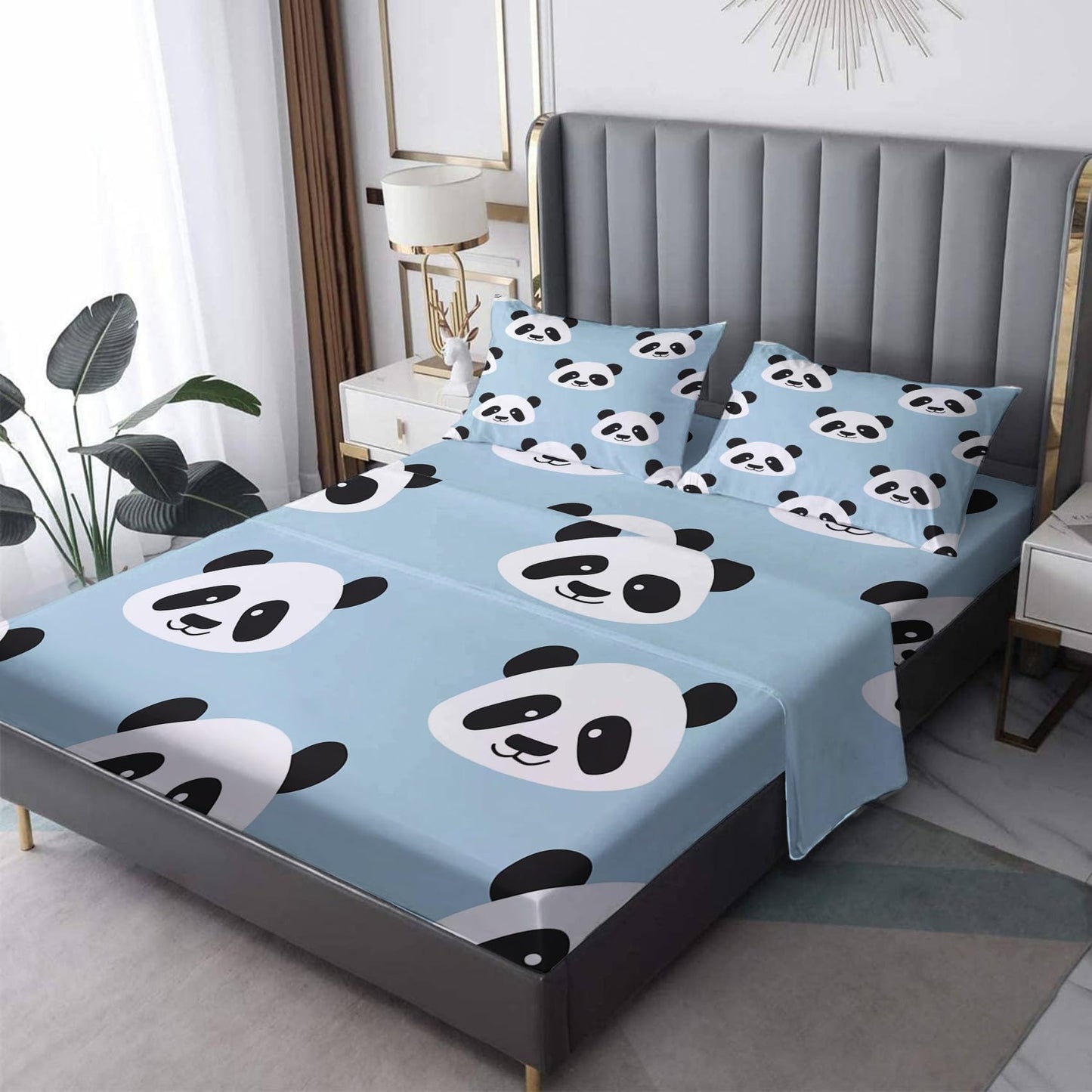 NOGAWA Cartoon Panda Sheets Queen Size, Cute Kawaii Bed Sheets, Patterned Bedding Sheets & Pillowcases 4 Piece Set - Soft Microfiber Deep Pocket Fitted Sheet & Flat Sheet & 2 Pillow Cases