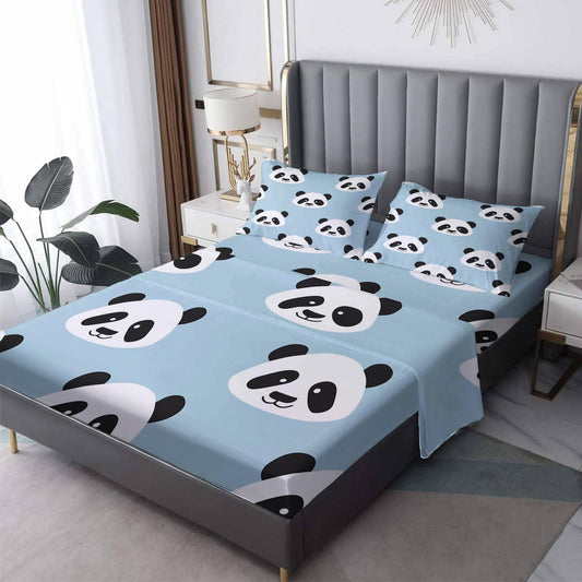 NOGAWA Cartoon Panda Sheets Queen Size, Cute Kawaii Bed Sheets, Patterned Bedding Sheets & Pillowcases 4 Piece Set - Soft Microfiber Deep Pocket Fitted Sheet & Flat Sheet & 2 Pillow Cases