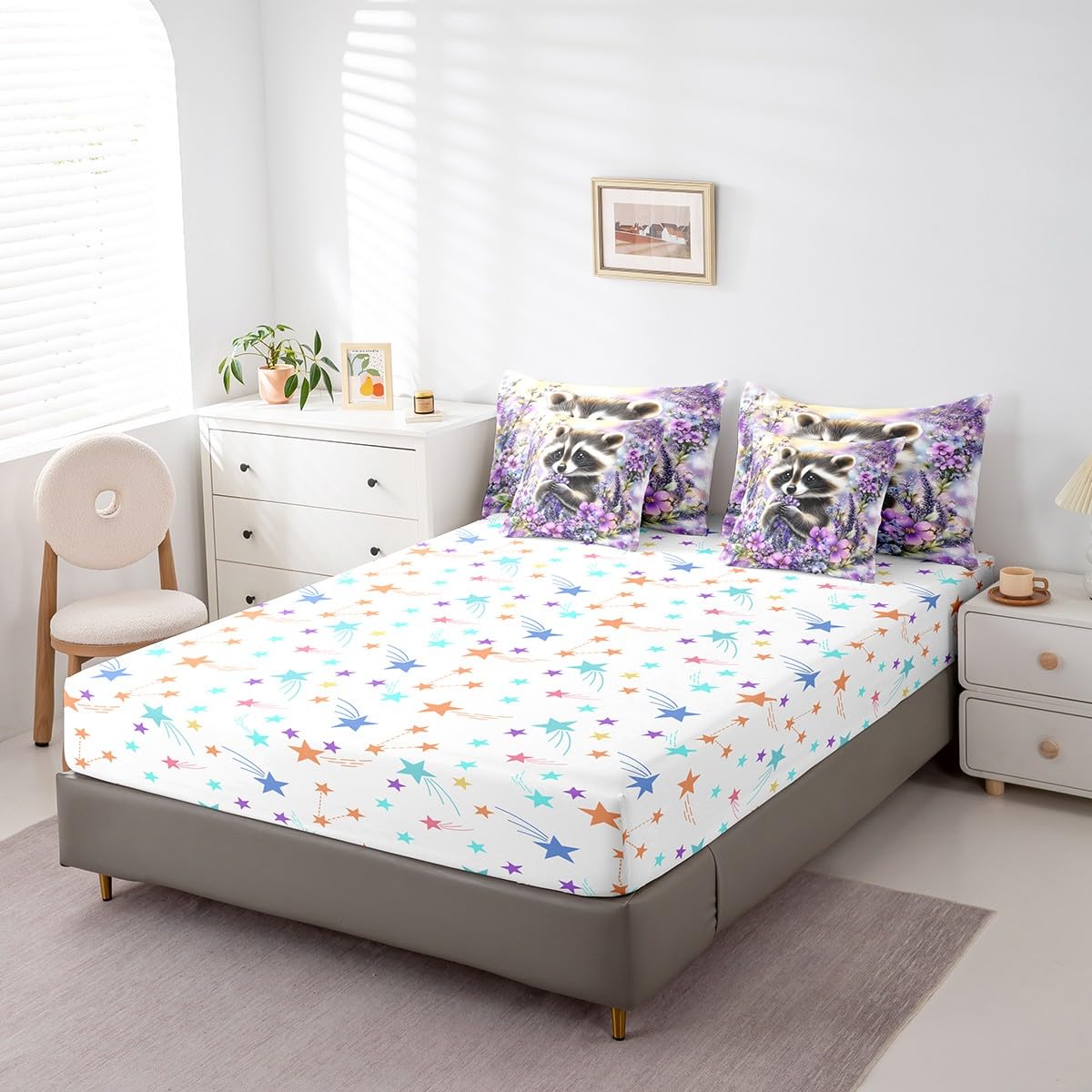 Feelyou Kids Raccoon Comforter Set with Sheets Queen Size, Cute Animal 7 Pieces Bedding Set Boys Girls Wild Animal Bed in A Bag Floral Flower Teens Bed Set Bedroom Decor 7Pcs