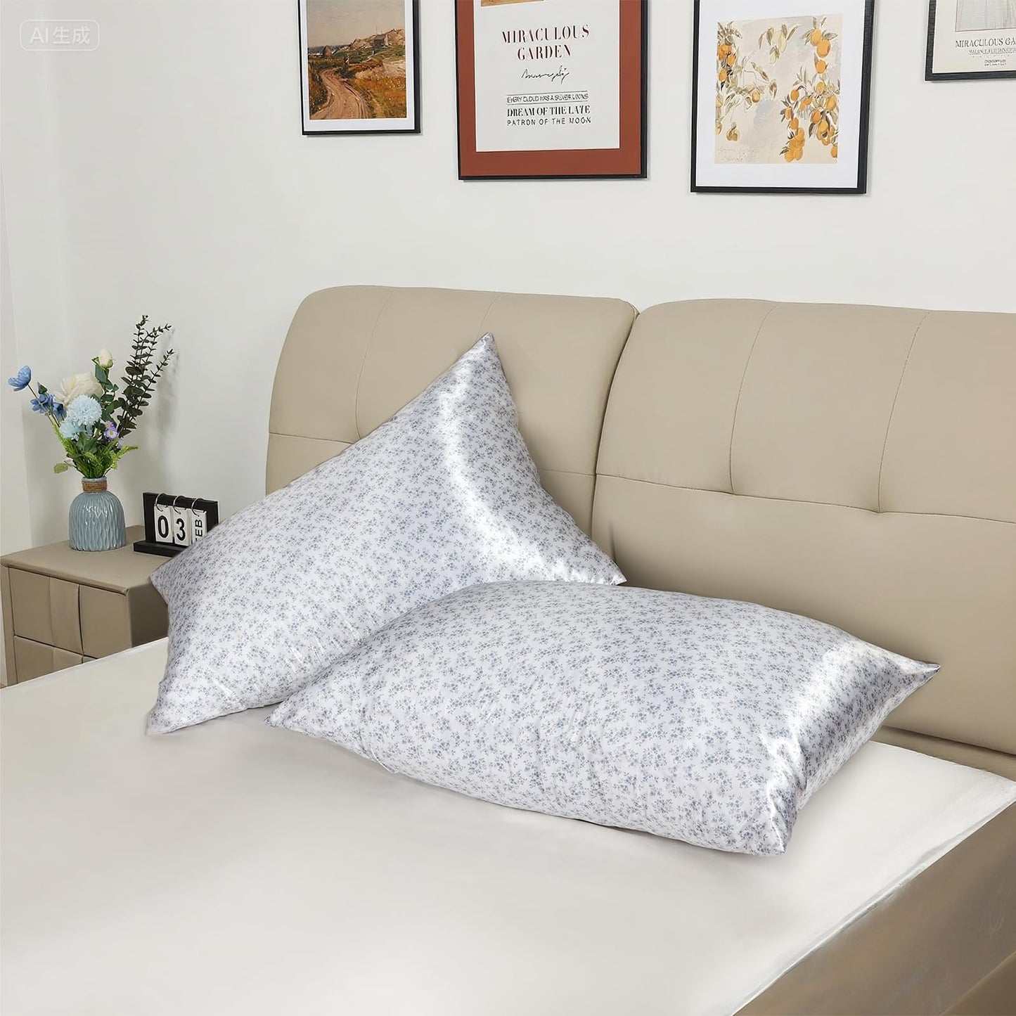 3pcs Satin Bedding Bundle: Fitted Sheet & 2 Pillowcases, Queen Size, Dark Blue Floral, Ultra Soft & Easy Care