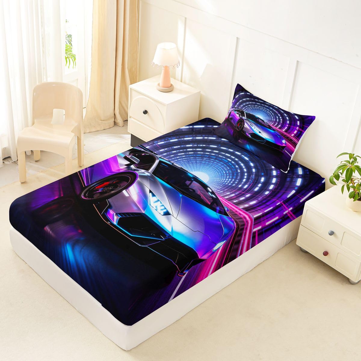 Feelyou Boys Race Car Fitted Sheet Twin Size for Kids Boys Girls Sports Racing Car Bed Sheets Set 16" Deep Pocket Soft Breathable Purple Racing Extreme Sports Bedding with 1 Pillowcase Room Decor