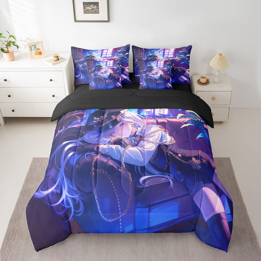Anime Girl Comforter Set With Sheets Twin Size Japanese Anime 7 Piece Bedding Set For Kids Boys Teens Women Bedroom Decor, Cartoon Girl Bed In A Bag Japanese Animation Kawaii Bed Sets, Purple