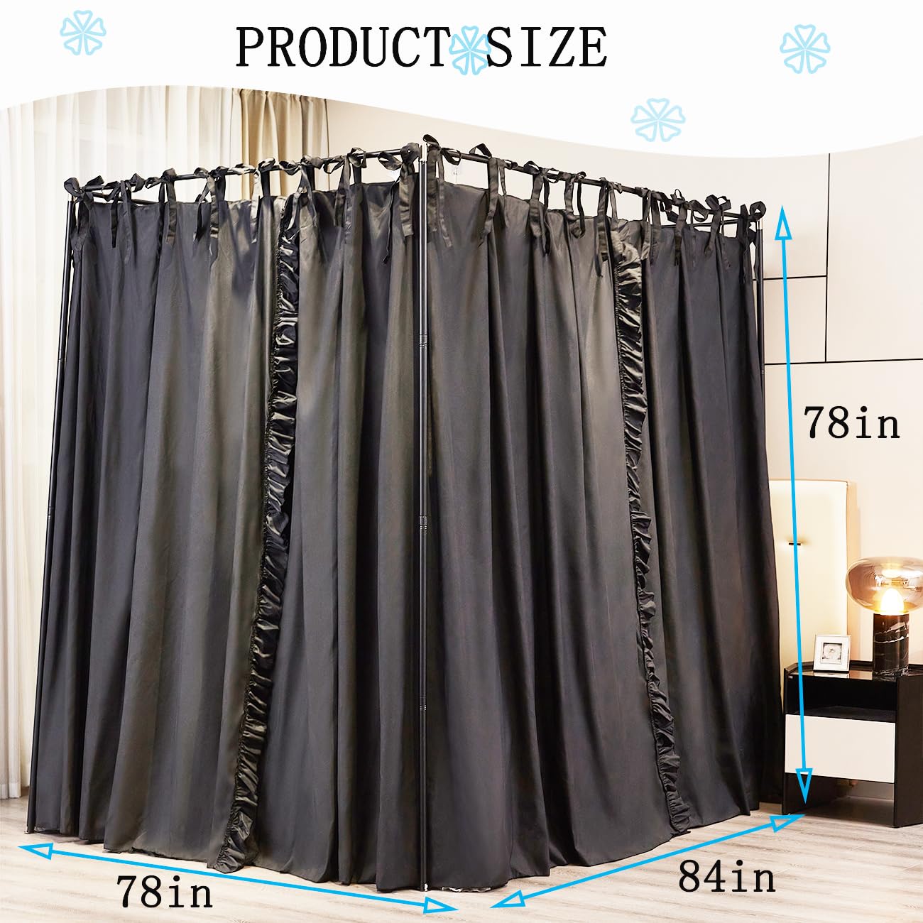 Akiky 4 Corners Post Canopy Bed Curtains Double Layer Cozy Drape Netting 4 Opening Mosquito Net Mesh for Girls Bedroom Decoration(Black,King)