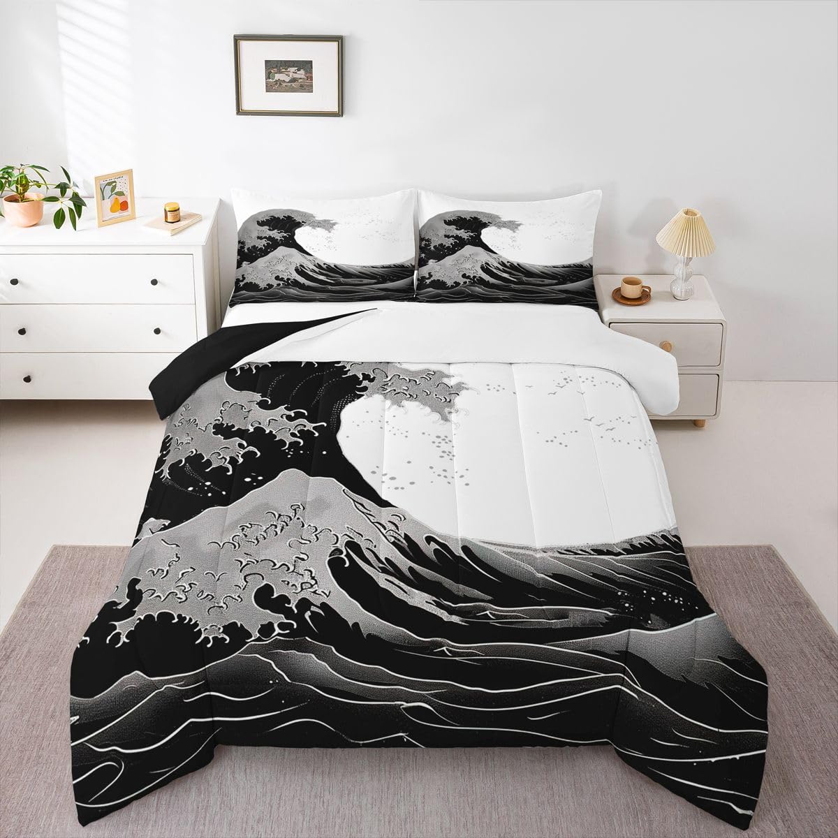 jejeloiu Black and White Wave Kids Comforter Set Queen Size Japanese Style Bedding Set Ocean Wave Duvet Quilt for Kids Boys Girls Bedroom Decor Microfiber Ultra Soft Breathable