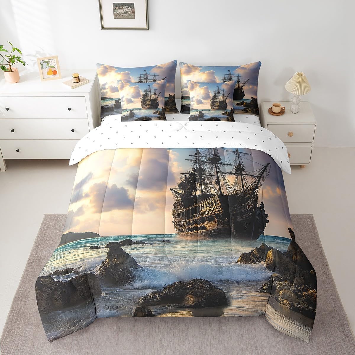 Erosebridal Nautical Retro Sailboat Comforter Set 7 Piece Bed in a Bag Twin,Ocean Theme Bedding Sets Sea Coastal Sheet Set with Comforter,Pirate Ship Vintage Boat Bed Set