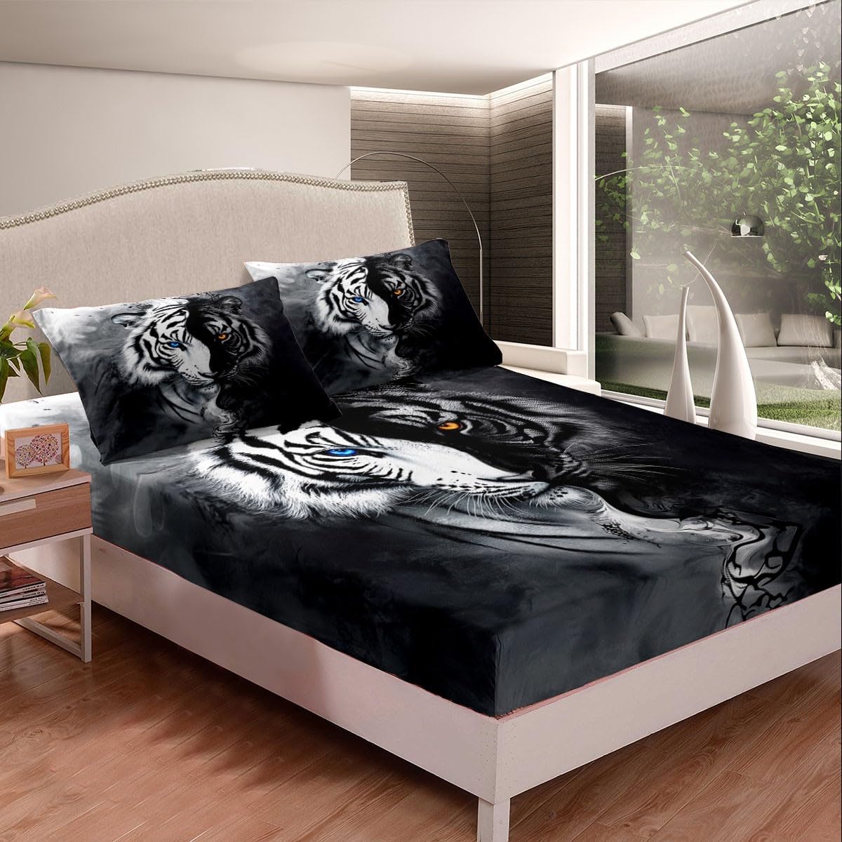 Erosebridal Tiger Bed Sheets Set Full African Safari Animal Flat Fitted Sheet Black and White Stripes Bed Set 3D Wildlife Bedding Set for Boys Adult Men Women Bedroom Decor with 2 Pillow Cases