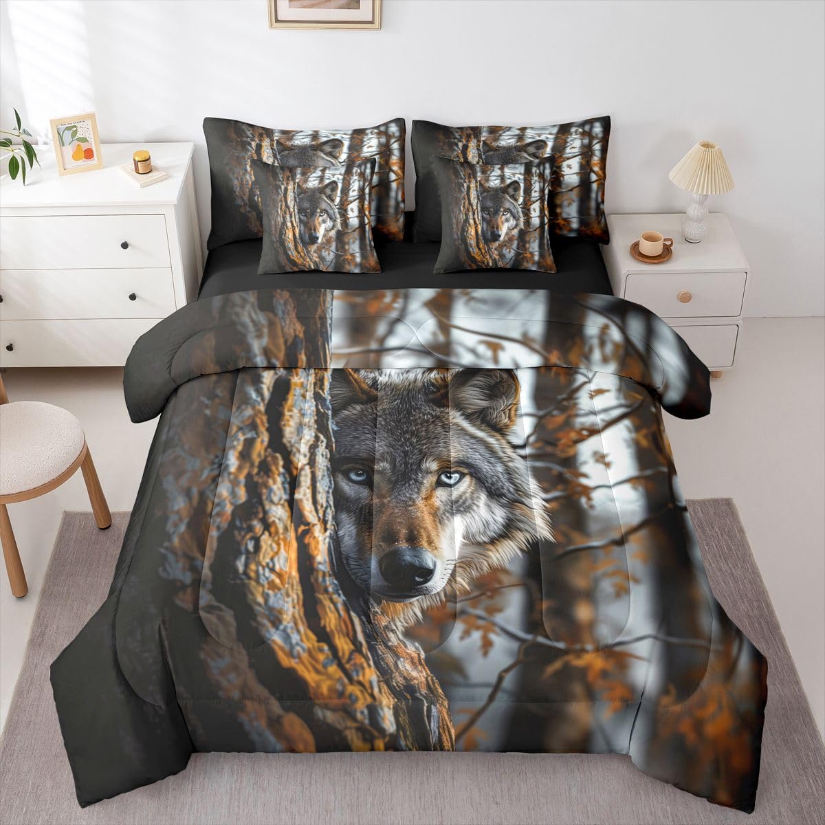 Feelyou Wolf Comforter Set with Sheets 7 Piece Queen Size Wolves Howling Bed in a Bag Kids Boys Girls Western Farmhouse Bedding Set Wild Animal Bedroom Decor Breathable Soft Microfiber