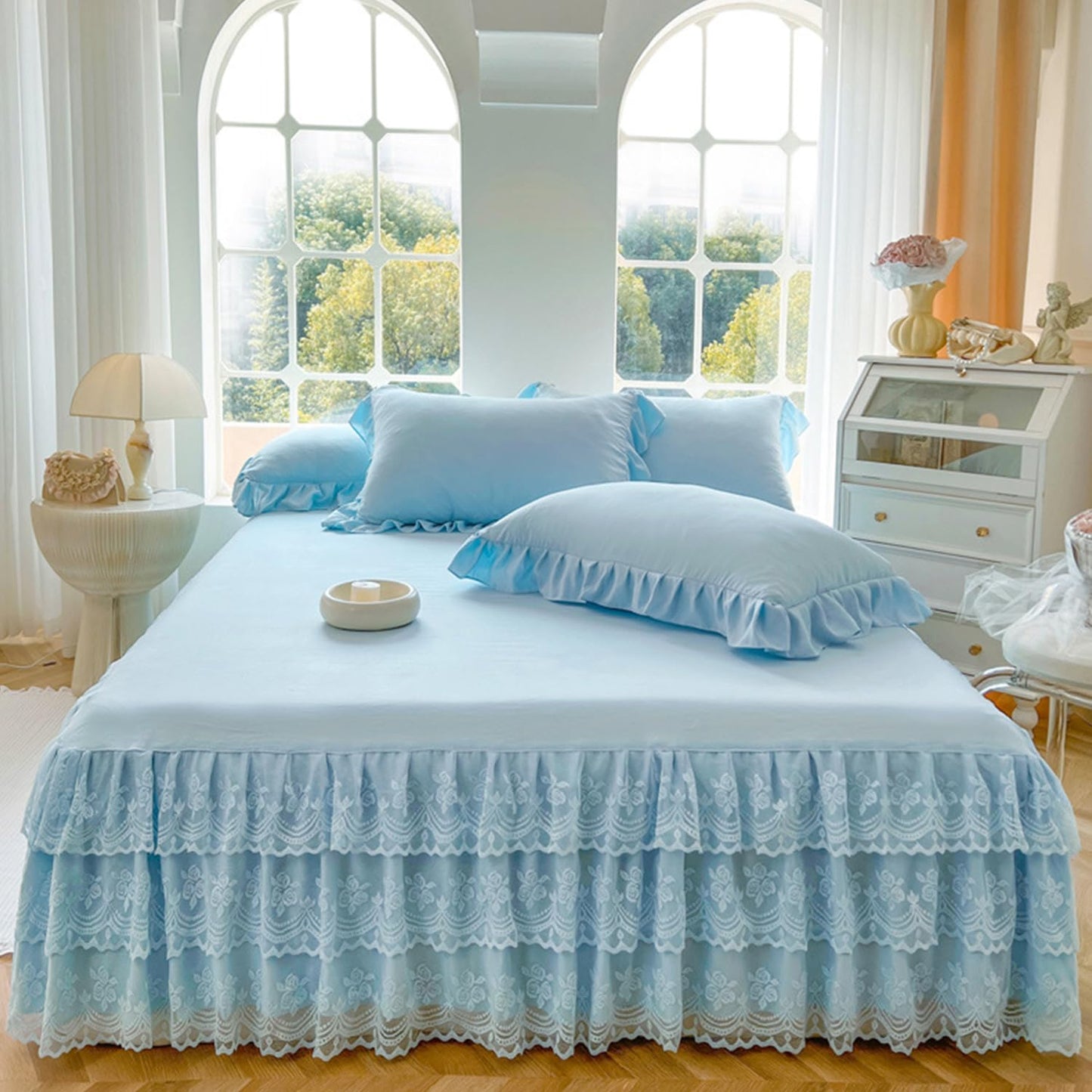 Three Layers Lace Bed Sheet Skirt for Queen Bed - 17in. Drop, Ruffle Bed Skirt Wrap Around Bed Skirt, Anti Wrinkle