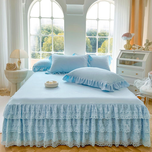 Three Layers Lace Bed Sheet Skirt for Queen Bed - 17in. Drop, Ruffle Bed Skirt Wrap Around Bed Skirt, Anti Wrinkle