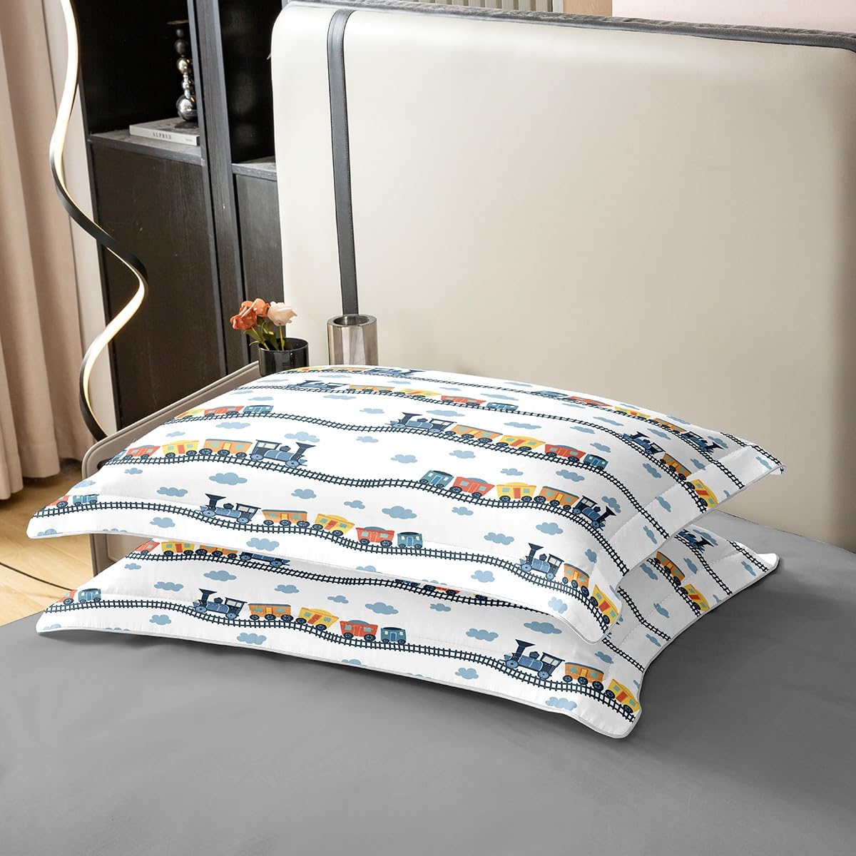 Erosebridal 100% Cotton Kids Train Comforter Cover Twin for Boys Girls Cartoon Car Bedding Set Steam Engine Duvet Cover Railway Vehicles Bed Set Transportation Truck Quilt Cover with 1 Pillow Case