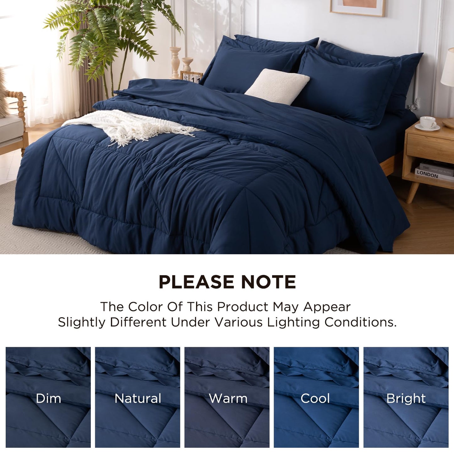 Baskbed 7 Pieces Queen Comforter Set - Utral Soft Microfiber Bedding Set, Thick Duvet Insert Bed in a Bag Without Rustling Noise for All Season, Navy (88"x88")