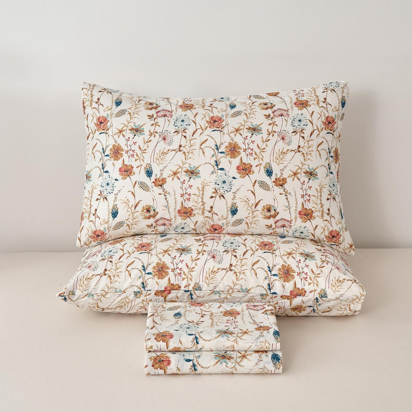 Zusbest Queen Sheets Set 100% Percale Cotton - Boho Floral Botanical Printed Bedding with Deep Pocket 17.5'', Vintage Burnt Orange & Teal Design, 4-Piece Soft Breathable Sheets