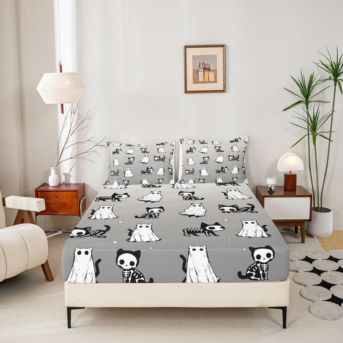 Ghost Cat Bedding Sets Queen Size,Happy Halloween Fitted Sheet 3Pcs for Kids Girls Boys Adult Room Decor,Cat Skeleton Bed Sheet Black Grey White Deep Pocket Sheet,2 Pillowcases