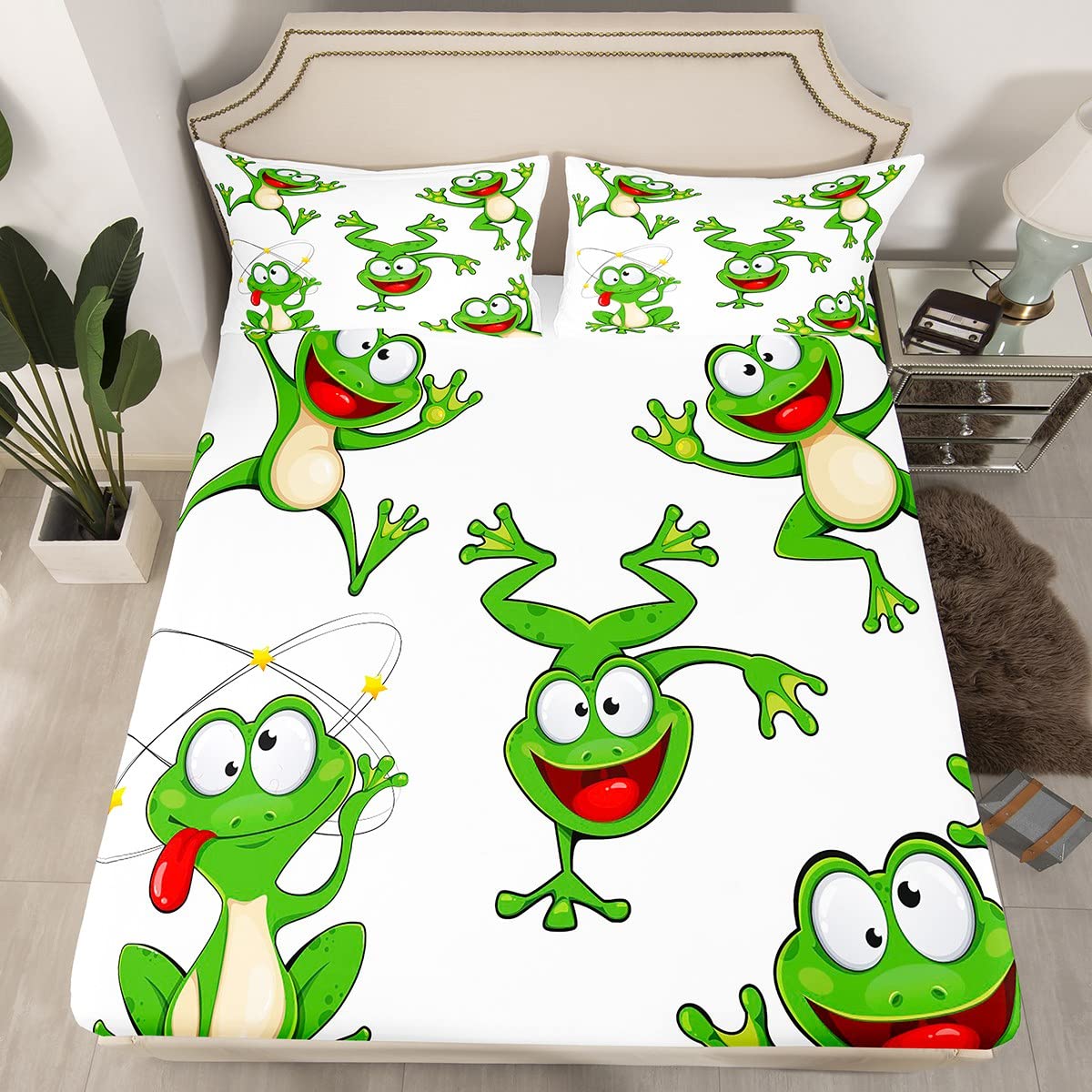Feelyou Kawaii Decor Frog Bed Sheets Set Boys Cartoon Animal Theme Sheet Set for Kids Teens Ultra Soft Nature Sheets with Deep Pocket Fitted Sheet Funny Cartoon Frog Bedding Set Room Decor Full Size