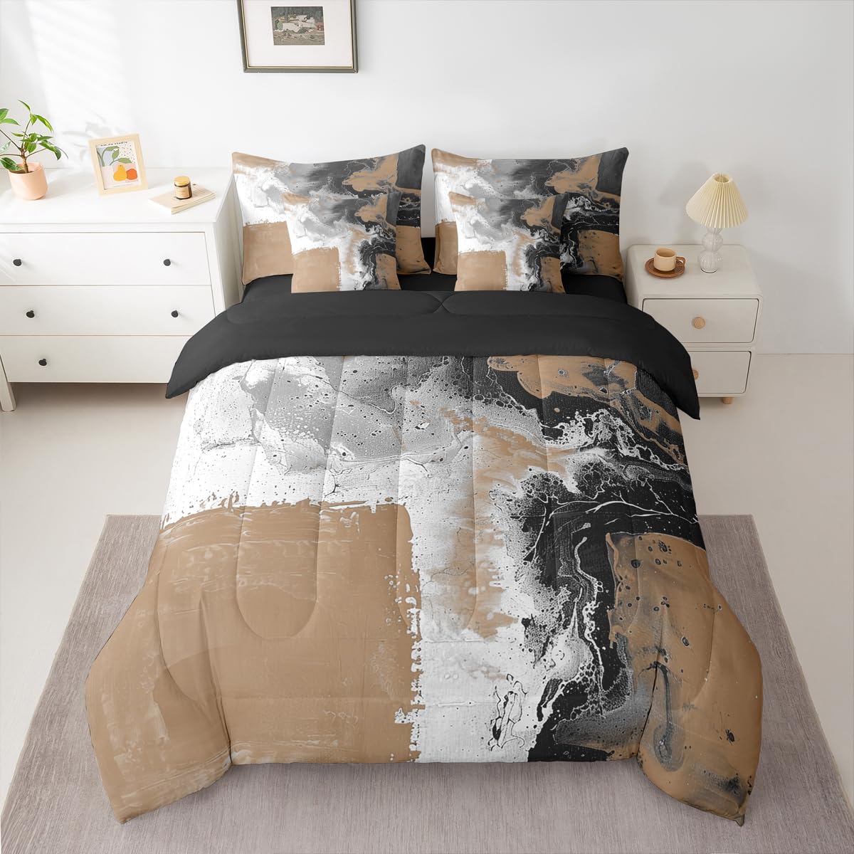 Feelyou Abstract Comforter Set with Sheets 7 Piece King Size Modern Abstract Art Bed in a Bag Kids Boys Girls Luxury Bedding Set Geometric Bedroom Decor Balck and Brown Soft Lightweight Microfiber