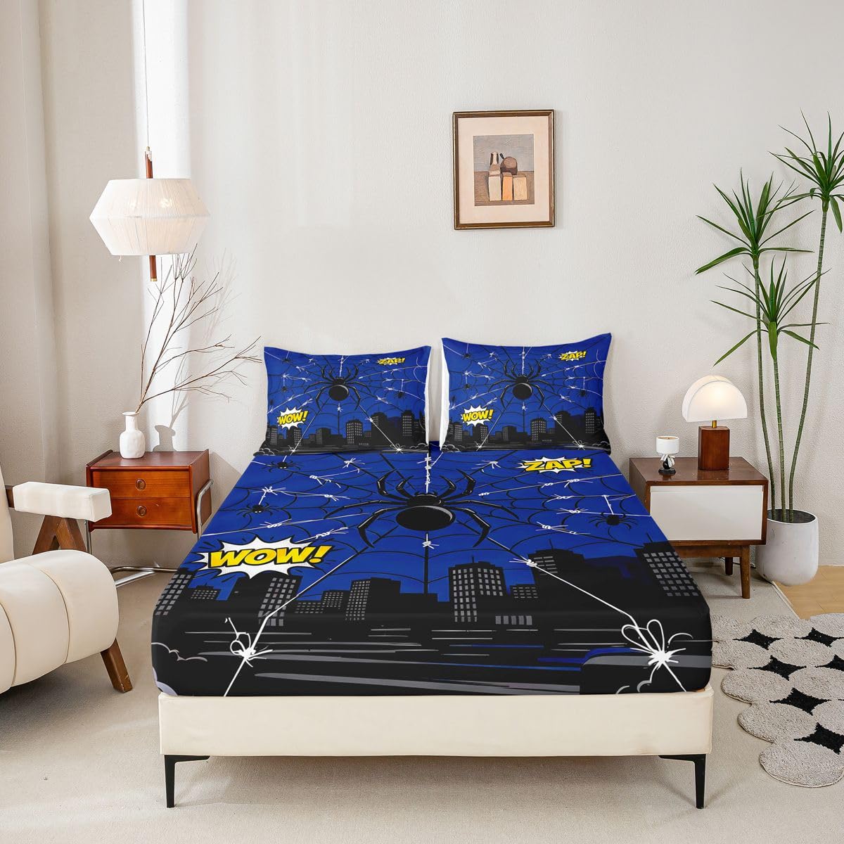 Black Spider Web Fitted Sheets Full Size (No Flat),Cartoon City Nightscape Bedding Set 3Pcs,Kids Teens Woman Room Decor,Anime Style Urban Bed Sheet Hero Themed Lover Deep Pocket Sheet,2 Pillowcases