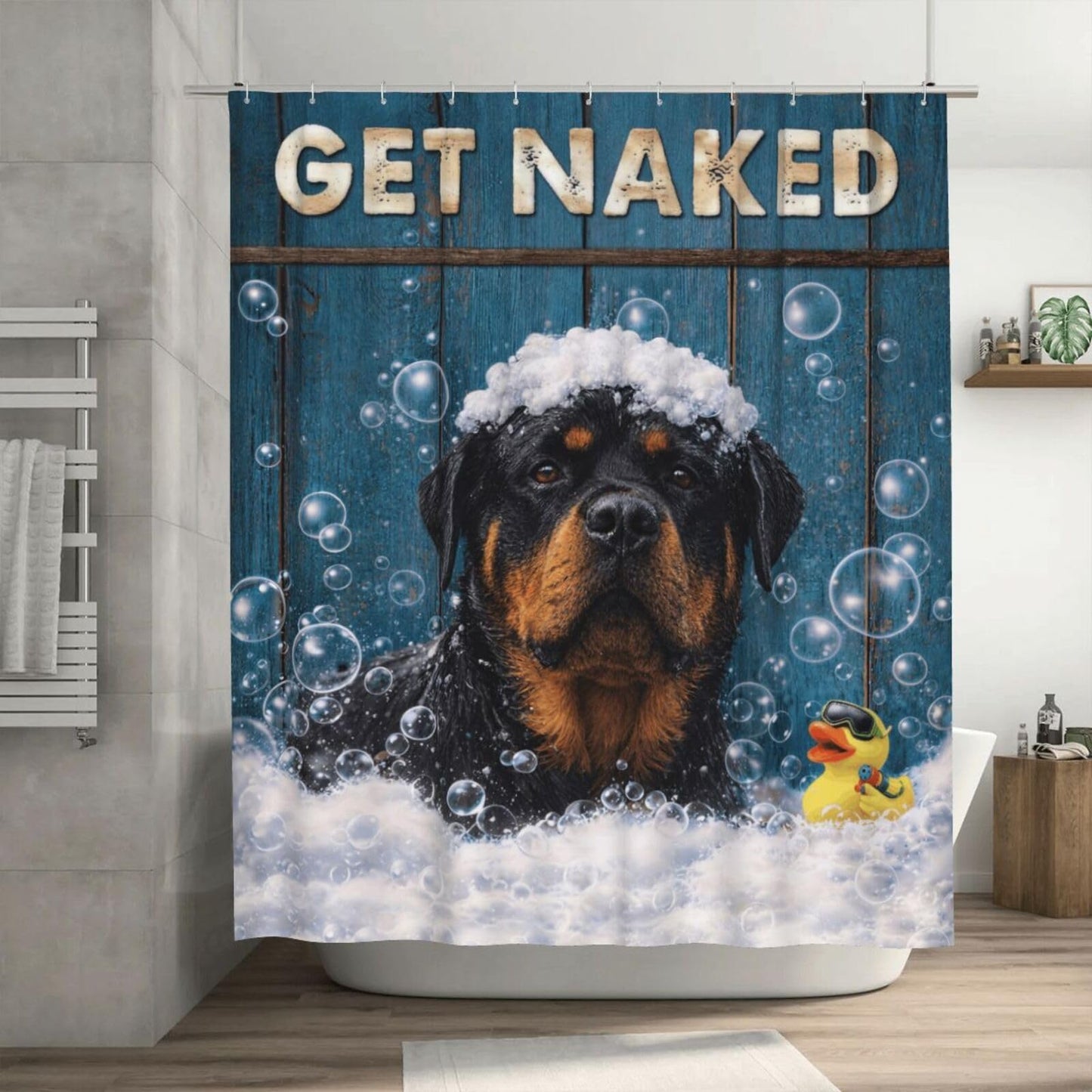 Hwsuiairt Funny Rottweiler Dog Shower Curtain Rottweiler Dog Get Naked Rustic Blue Wood Decor Cute Puppy Bath Curtain Set Waterproof Polyester for Bathtubs - 72"x72"