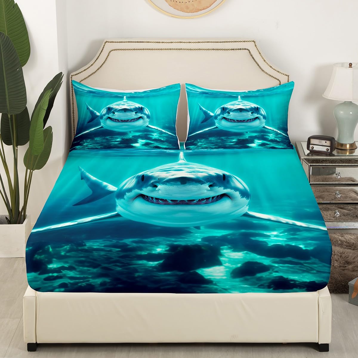 Feelyou Kids Shark Fitted Sheet Ocean Creature Bed Sheet Set Deep Pocket Sea Animal Bedding Baby/Boys Queen Size Includes 1 Sheets & 2 Pillowcases (No Flat Sheet)