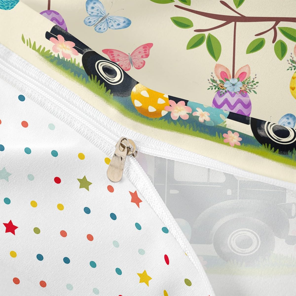 Easter Eggs Duvet Cover Black and White Buffalo Plaid Truck Bedding Set Happy Easter Themed Easter Egg Rabbit Comforter Cover Queen,Green Leaves Tree Branches Kawaii Room Decor Easter Decorations