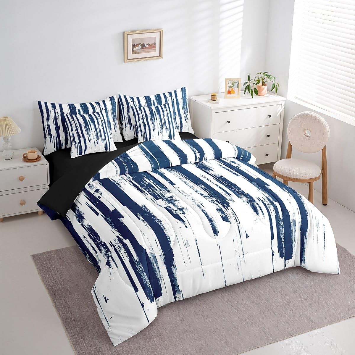 Erosebridal 7Pcs Navy Blue King Comforter Set,Geometric Stripes Striped Abstract Bed in A Bag for Women Men Adults Teens,Modern Art Aesthetic Watercolor Graffiti Ink Painting Bedding with Bed Sheets