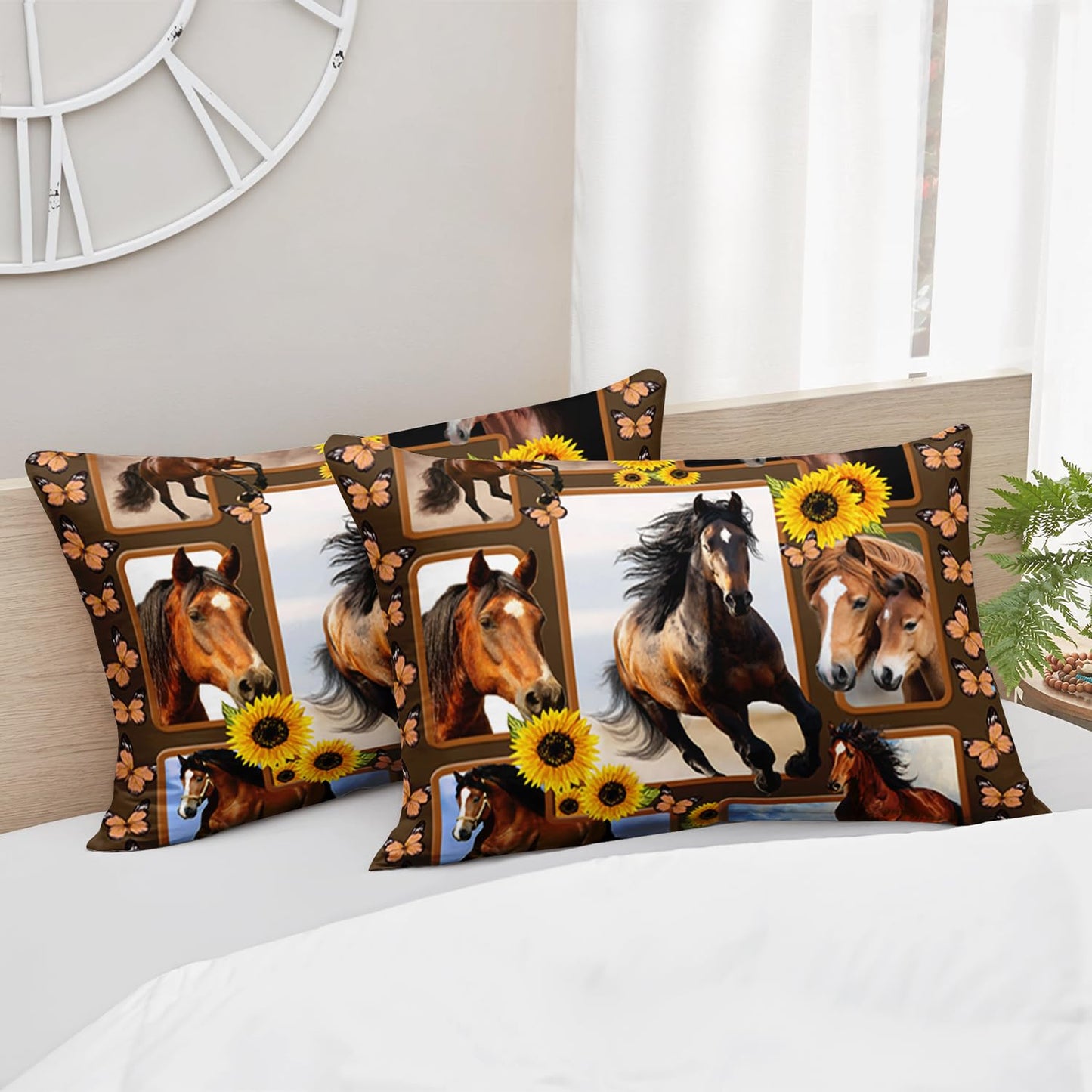 HOSIMA Horse Fitted Sheet&Pillowcases,Animal Themed Galloping Horse and Sunflower Floral Bedding,3D Printed Soft Decorative Fabric Bedding Deep Pocket,Teens Kids and Toddler Bedding Set,Twin Size.
