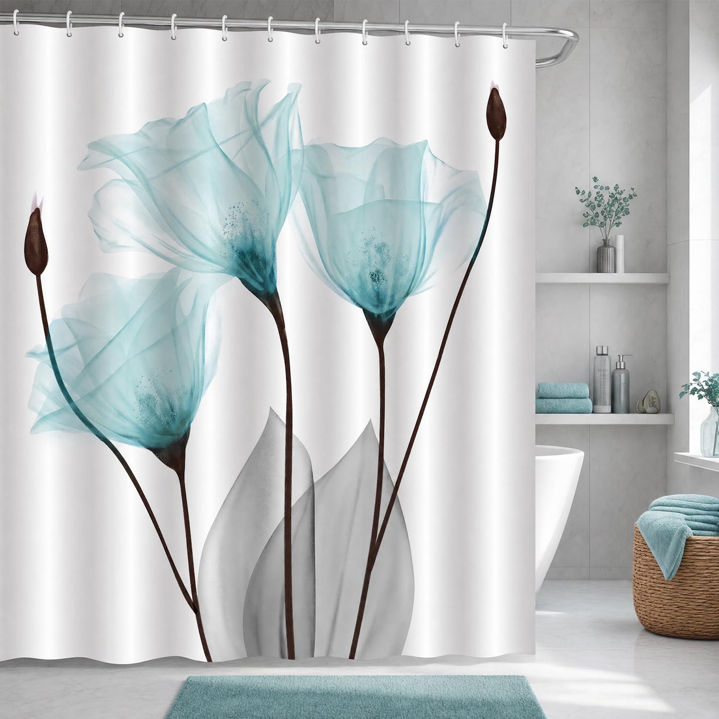 ZCHOMI Teal Floral Shower Curtain Tulip Turquoise Aqua Tulip Flower Botanical Modern Aesthetic X-ray Floral Elegant Bathroom Curtain Decor Waterproof Fabric Bath Curtain 72 x 72 Inch with 12 Hooks
