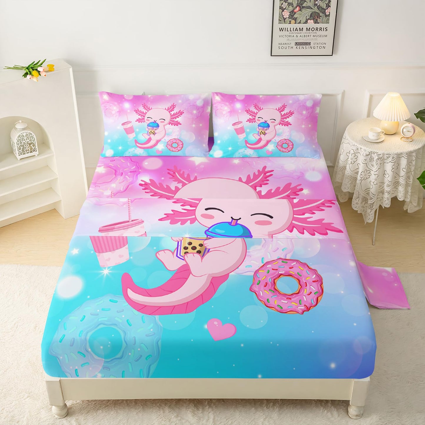 QOOMO Cartoon Pink Axolotl Microfiber Sheets for Children Funny Marine Life Kid Sheets Set Blue Pink Gradient Donut Room Decoration Queen Size 1 Fitted Sheet, 1 Flat Sheet, 2 Pillow Cases