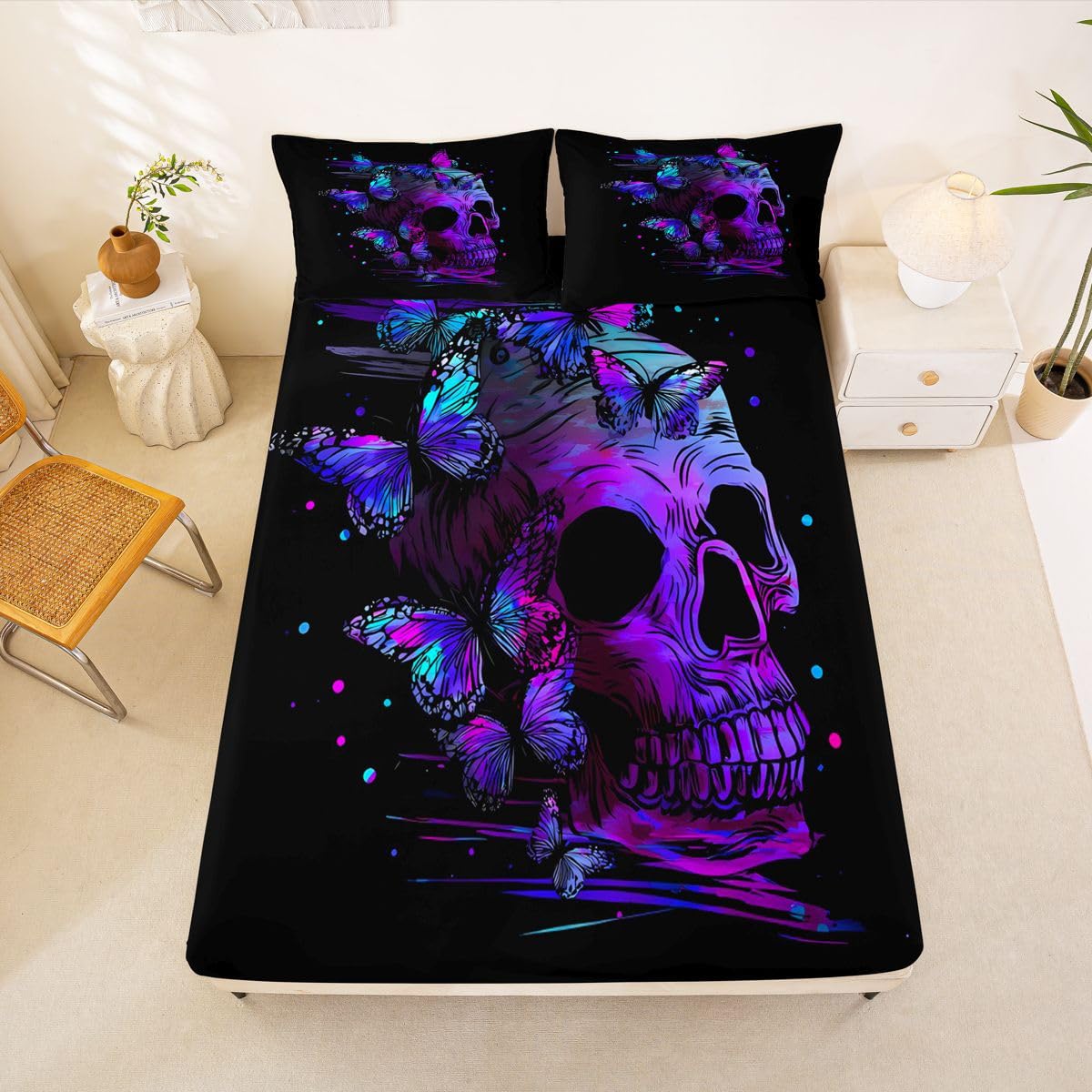 Erosebridal Purple Skull Bed Sheet Set King,Retro Psychedelic Butterfly Bed Sheets Gothic Sugar Skull Bedding Set for Girls Teens Women Room Halloween Fitted Sheet + Flat Sheet + 2 Pillow Cases Black