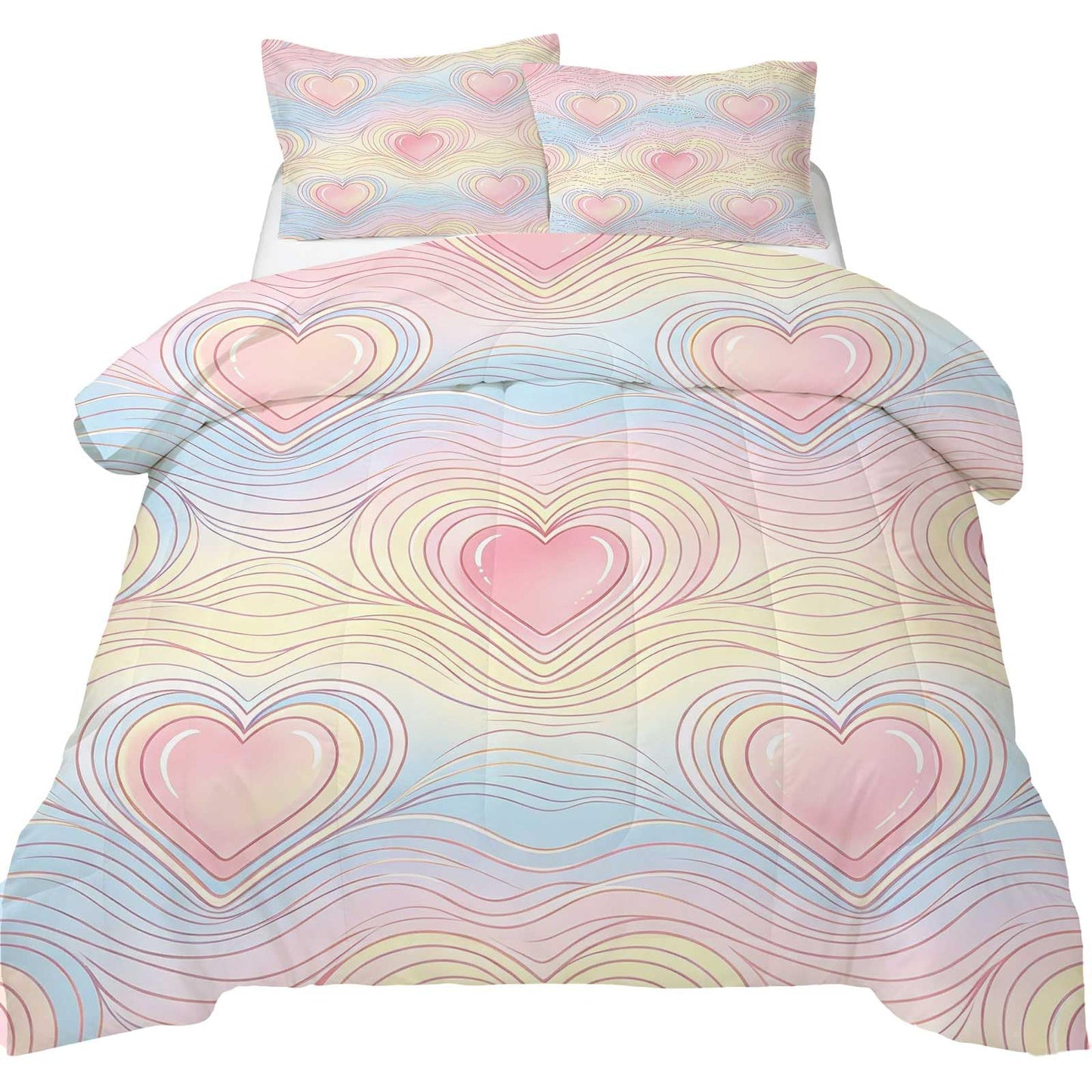 DJNEAR Pastel Heart Comforter Set, Soft Microfiber Cute Pink Heart Bedding Set for Girls Teens Women, 2 Pieces All Season Ombre Love Wave with 1 Comforter 1 Pillowcase, Twin Size