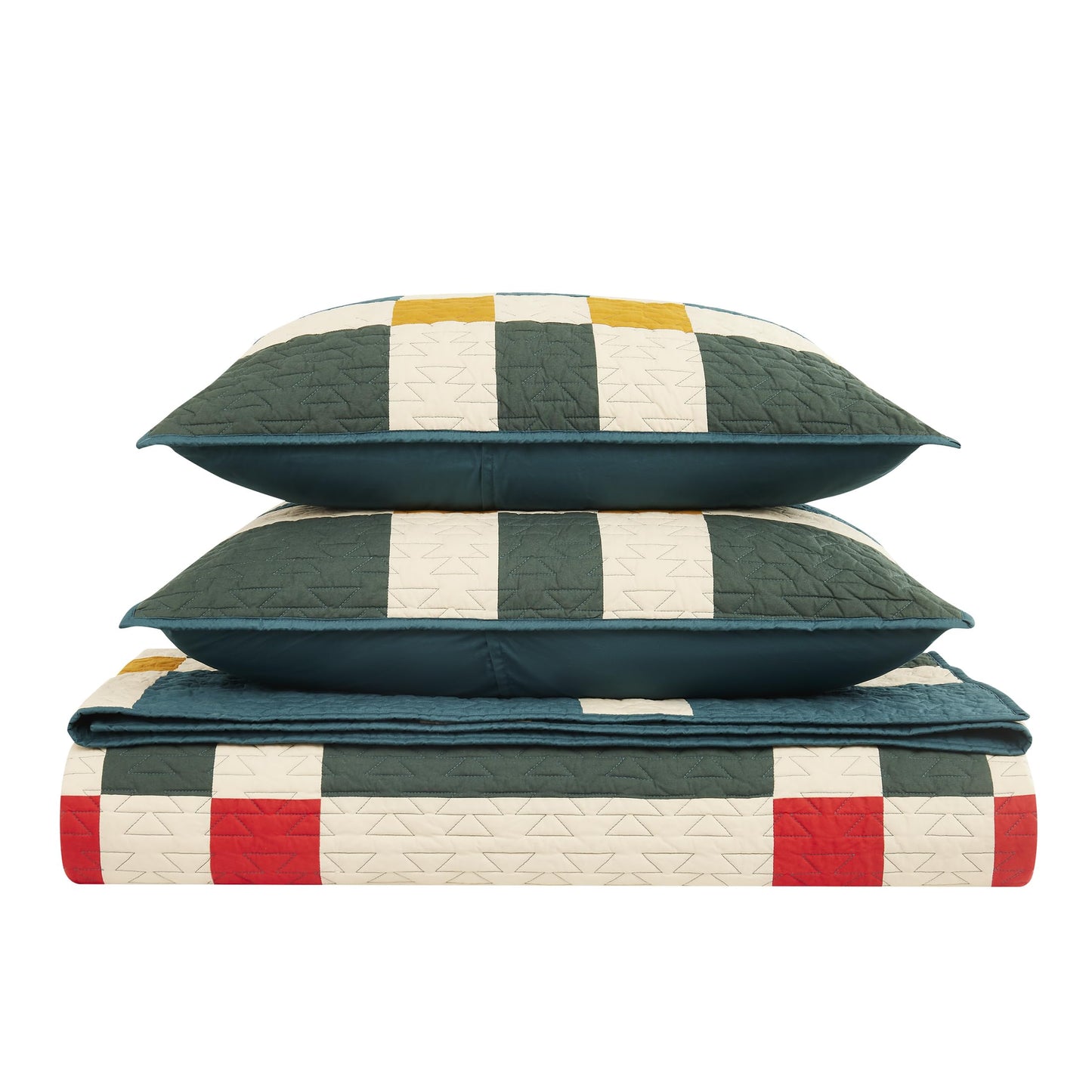 Pendleton King Quilt Set – 100% Cotton 3 Piece Quilt Set with Shams, Soft Lightweight Bedding for King Size Bed, Green & Tan Patterned Comforter Alternative, King Bedding Set (Four Square)