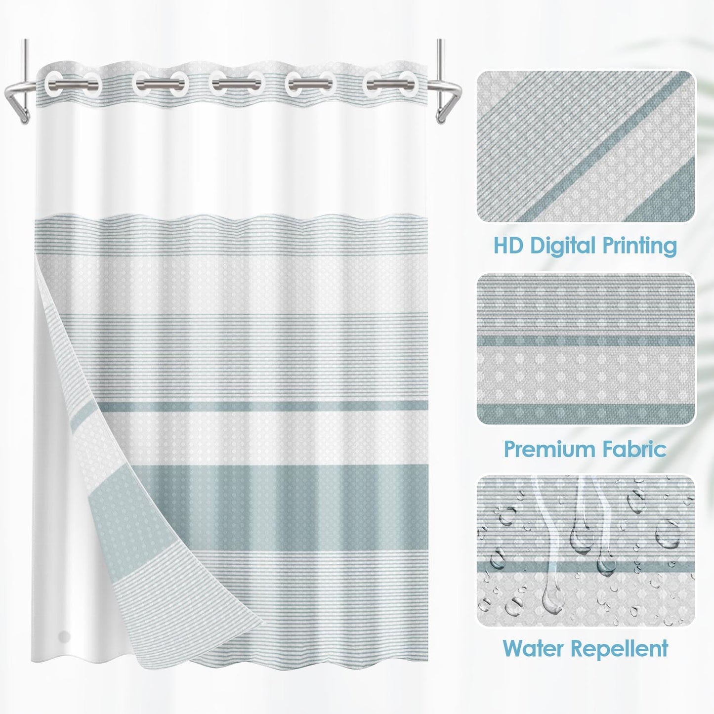 Nesphy No Hook Shower Curtain with Snap in Fabric Liner Set, Teal Striped Waffle Weave Ombre Heavy Duty Bathroom Curtain Set Sheer Mesh Top Waterproof Double Layers Hotel Style, 71x74 Inch