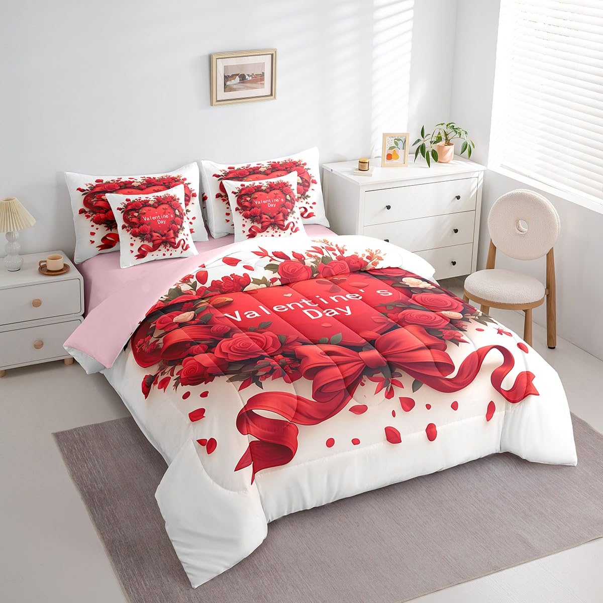 Feelyou Kids Valentine's Day Comforter Set with Sheets Queen Size, Rose 7 Pieces Bedding Set Boys Girls Romantic Bed in A Bag Red Heart Teens Bed Set Bedroom Decor 7Pcs