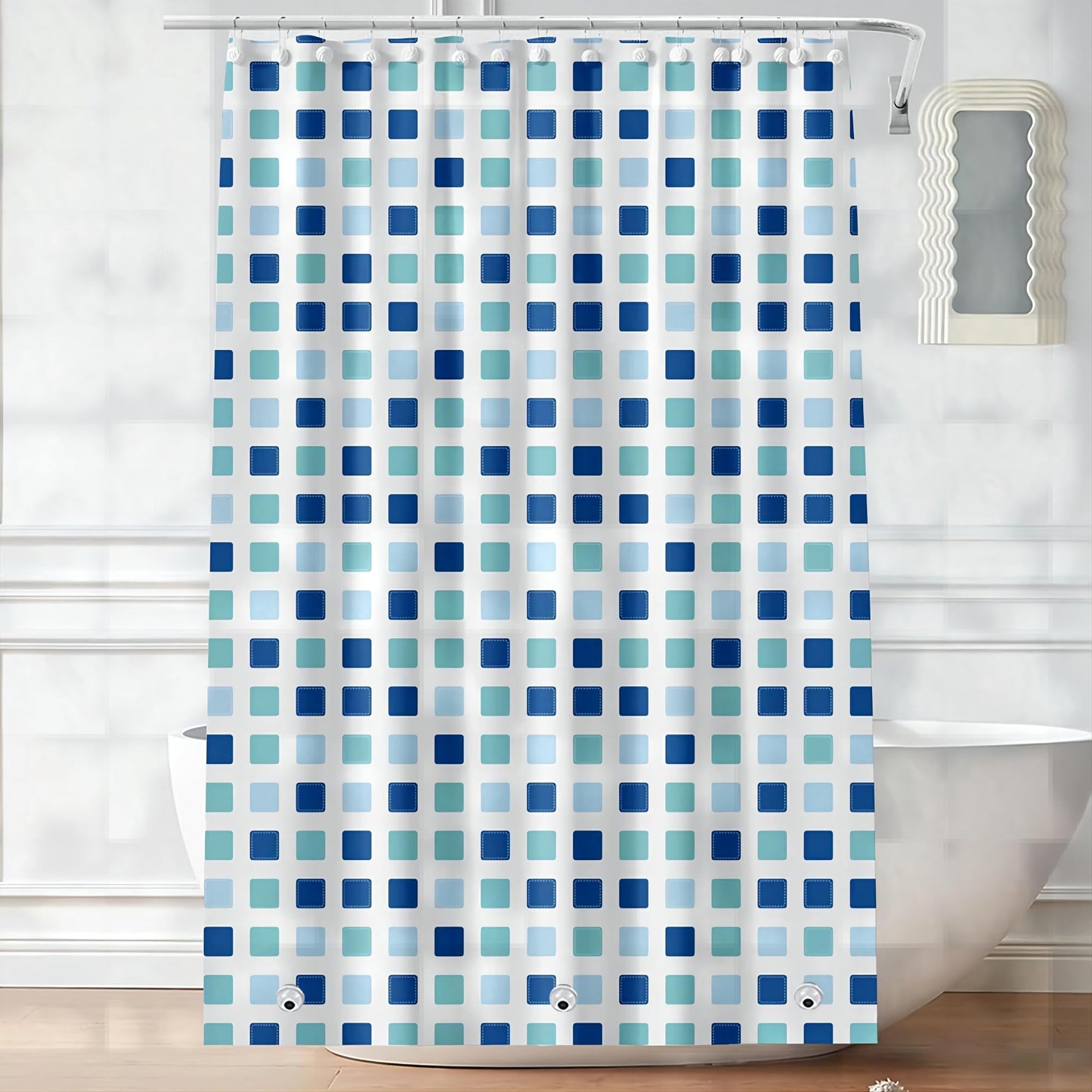 Myratts Plastic Shower Liner - Premium PEVA 4G Shower Curtain Liner with Rustproof Grommets and 3 Weighted Magnets, Waterproof Shower Curtains for Bathroom (Blue-Green Square)