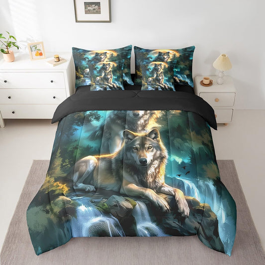 Feelyou Wolf 7 Pieces Bedding Set Queen Size Mountain Moon Wolves Comforter Set with Sheets for Kids Boys Girls Wild Animals Bed in a Bag Fantasy Wildlife Print Bed Set