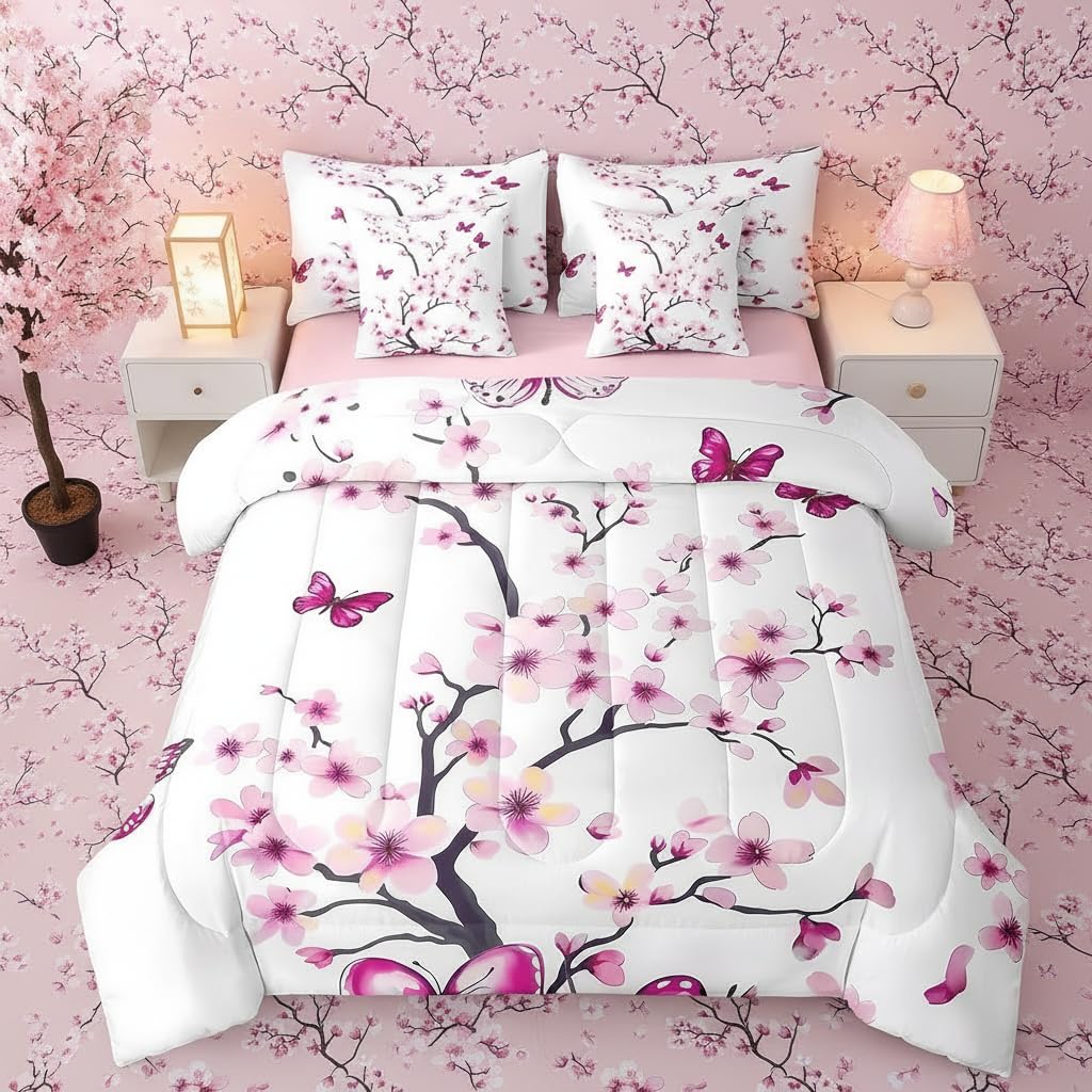 Erosebridal Cherry Blossom Bedding Set,Spring Elegant Flowers Butterfly 7 Piece Comforter Set Queen Bed in a Bag for Girls Women,Girly Japanese Style Quilt Duvet,Botanical Floral Bed Set,Pink Purple