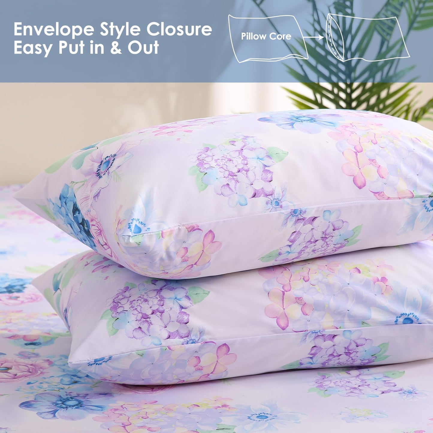 JSD Purple Hydrangea Floral Sheet Set Full Size, 4 Piece Soft Spring Printed Microfiber Bed Sheets Deep Pocket